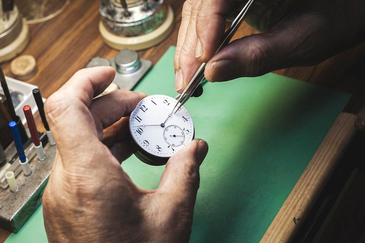 Werkzeuge und Uhrwerke auf dem Arbeitstisch im Atelier